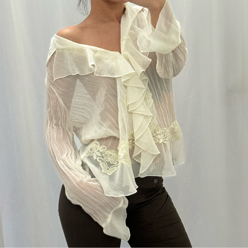 Y2K sheer cream ruffle blouse